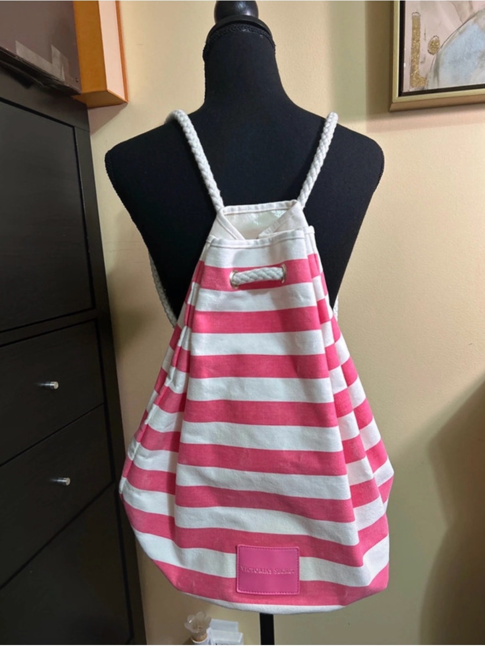 Victoria's Secret Pink & White Striped Canvas Beach Backpack